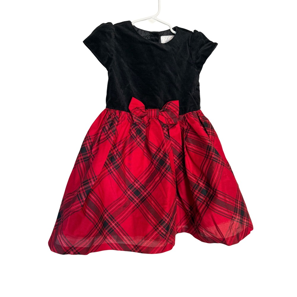 Gymboree Girls 4T Black Velvet Red Plaid Holiday Party Dress Bow Christmas